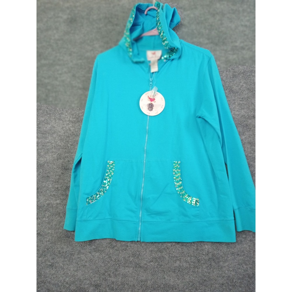 Quacker Factory XS Full Zip Hoodie Aqua Blue Sequin Trim‎ Pockets